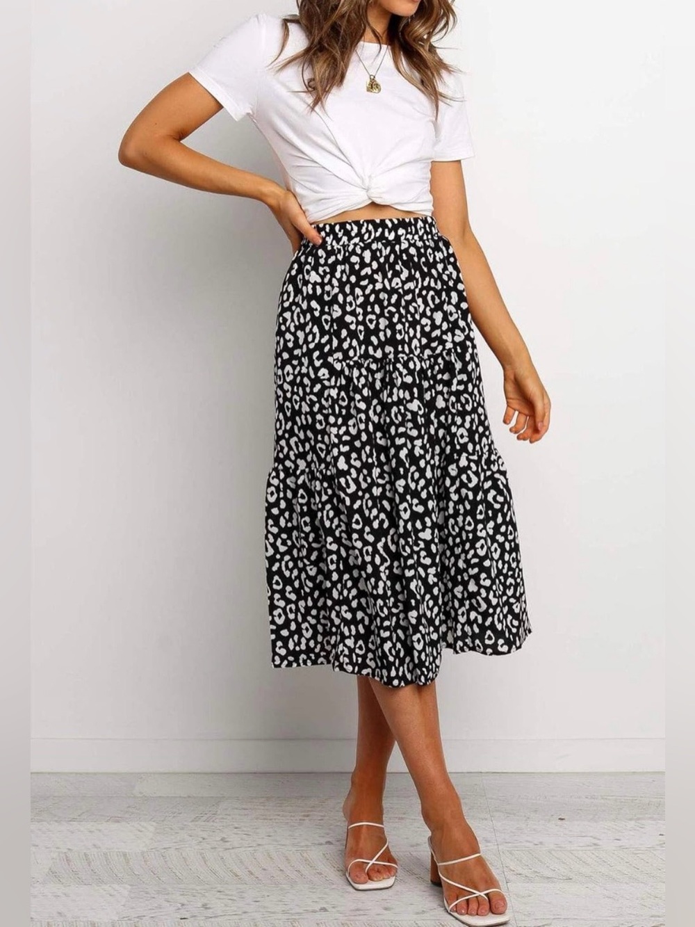 MEROKEETY Women's Boho Leopard Print A-Line Swing Pleated Swing Skirt